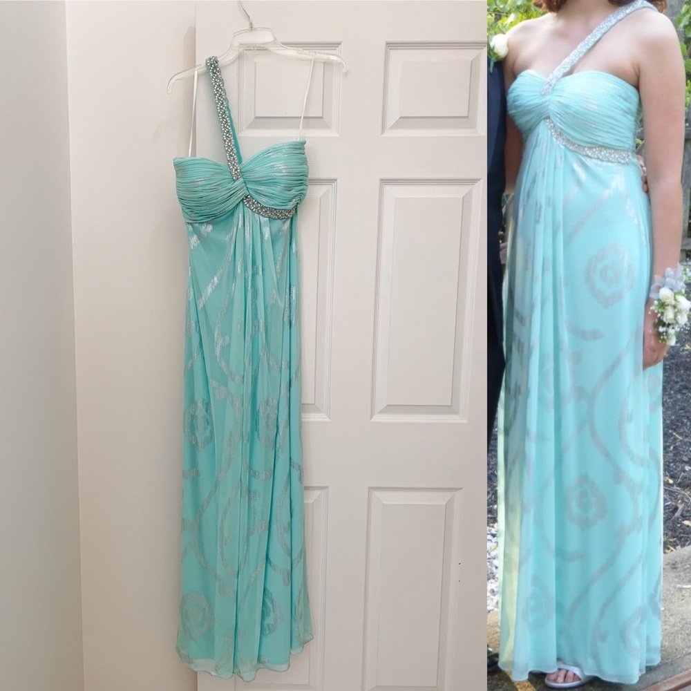 Betsy & Adam One Shoulder Embellished Mint Green Prom Formal Dress